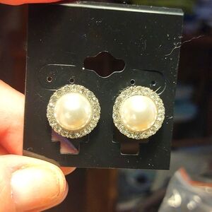 Clip Earrings - Silver and Pearl With Clear Crystal Border